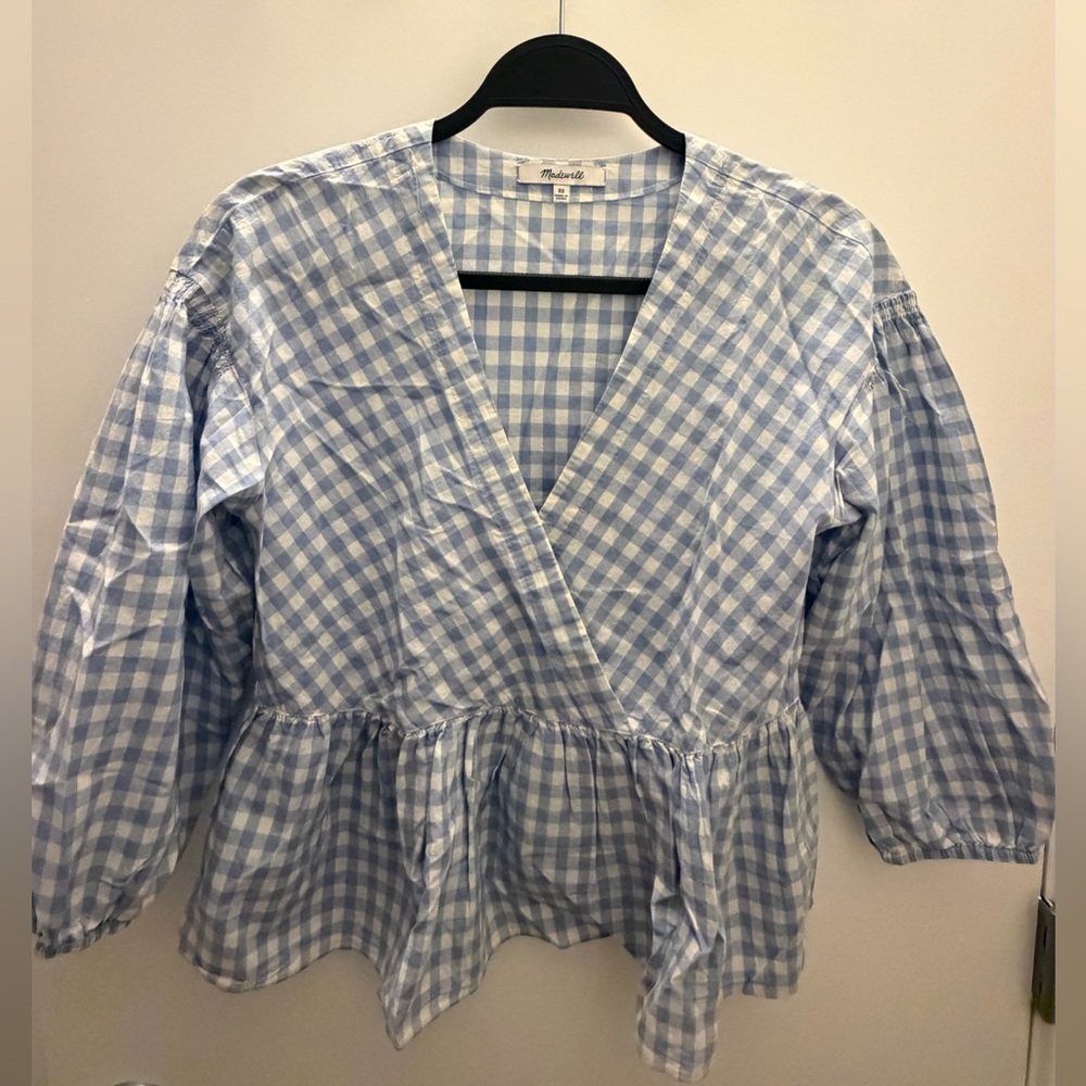 Madewell Blue & White Gingham Wrap Peplum Blouse – XS